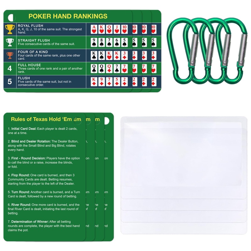 Epkoxlx 4-Pack (8 Cards) Poker Hand Rankings Cards Set With Magnifier & Clip, Texas Hold’Em Cheat Sheet & Rules Guide, Sturdy Po