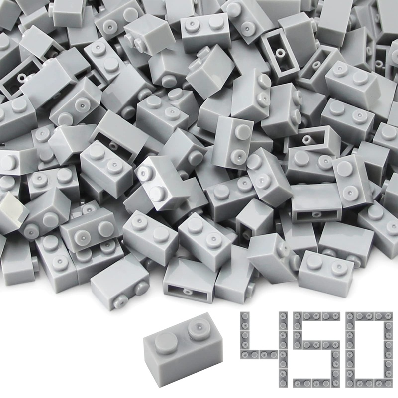 Feleph 1X2 Bricks Bulk 450 Pieces Light Grey Classic Basic Parts Building Creative Play Set Blocks Toy Accessories Compatible Wi