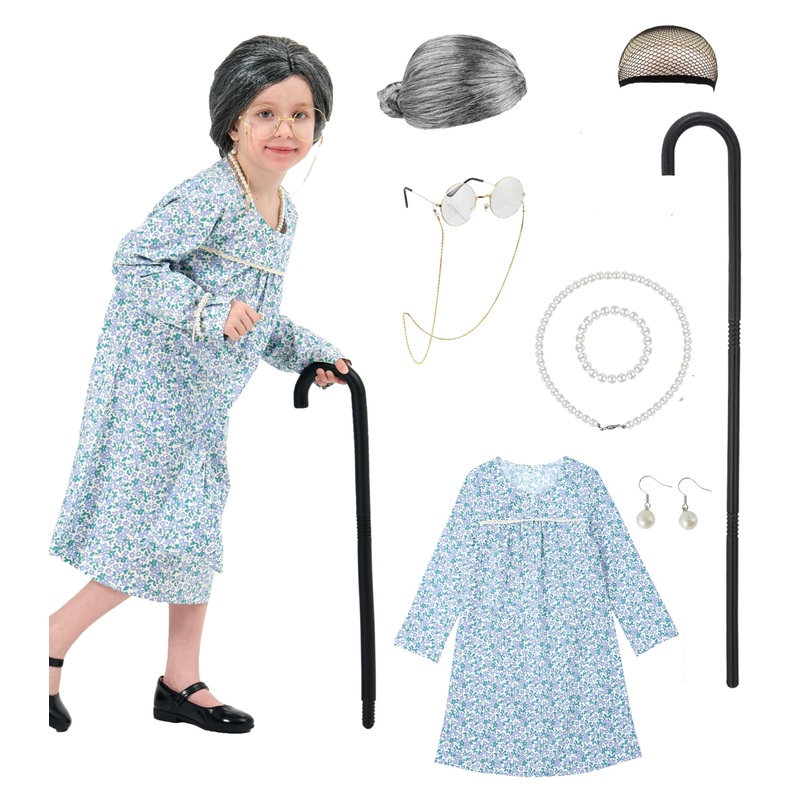 Girls 100Th Day Of School Costume Grandma Dress Halloween Cosplay Little Old Lady Costume For Kids (3 Floral, 5)