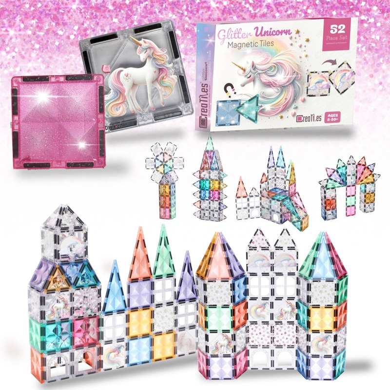 Glitter Unicorn Pony Magnetic Tiles: Building Blocks Toys For Kids – Hearts, Stars, Rainbow Castle Playset For Creative Kids, St