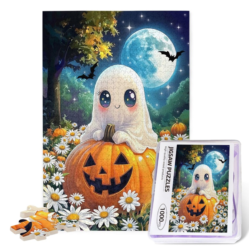 Halloween Jigsaw Puzzle For Adults 1000 Pieces Cute Pumpkin Ghost Puzzles Autumn Horror Ghost Wooden Puzzle For Family Friends A