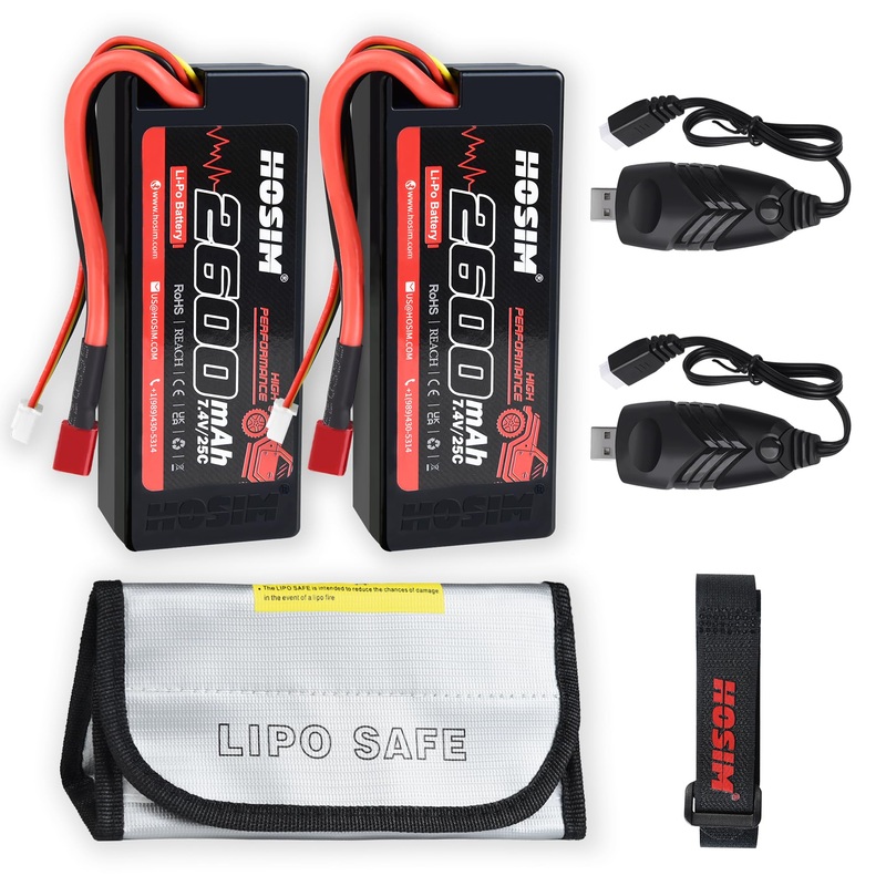 Hosim 2Pcs 2S 7.4V 2600Mah Lipo Battery 25C With 2 Usb Chargers, 1 Battery Bag & 1 Strap For Brushless Rc Car Truck Rc Vehicles