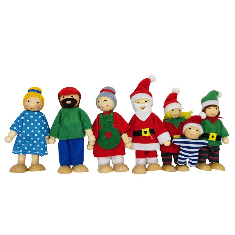 Hystyle 7 Pack Wooden Doll House With Family Dolls & Pretend Play Figures (Christmas)