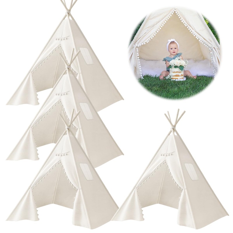 Jamceoceo 4 Pcs Teepee Tent For Kids,Washable Tapered Kids Teepee Tent,Bohemian White Collapsible Sleepover Tents,For Boys And G