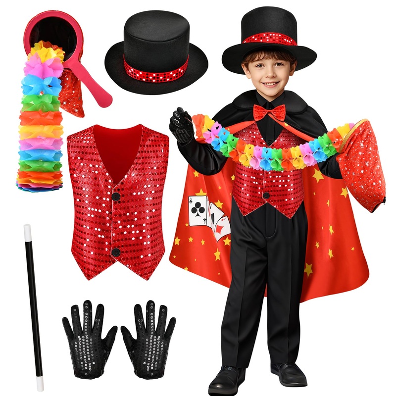 Latocos Kids Magician Costume Boys Girls Magic Kits Accessories Vest Props Change Bag With Zipper Gloves Magician Hat Cape Wand