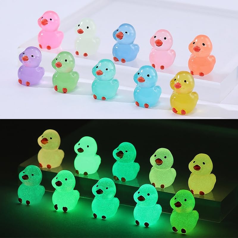 Lokipa 50Pcs Mini Ducks, Luminous Tiny Ducks Miniature Ducks Glow In The Dark Mini Resin Ducks For Garden Micro Landscape Orname