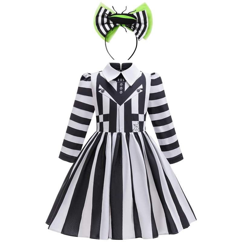 Miltrs Girls Halloween Costume Black And White Striped Dress Kids With Headband For Movie Cosplay Dress-Up