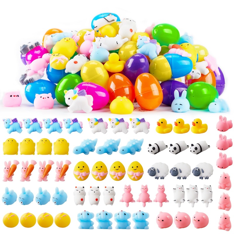 Minetom 60 Pcs Mochi Squishy Toys Prefilled Easter Eggs With Toys Inside Mini Squishies Stress Relief Toys Bulk Classroom Prizes