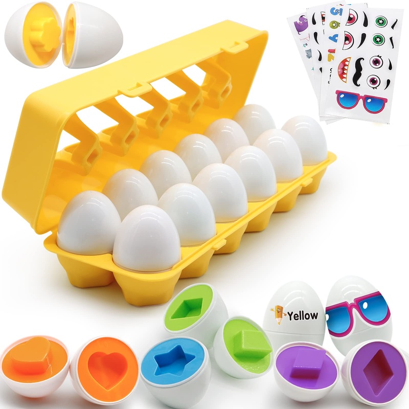 Moontoy Matching Eggs For Toddlers, 12Pcs Preschool Educational Learning Color & Shape Recognition Stem Toy- Montessori Geometri