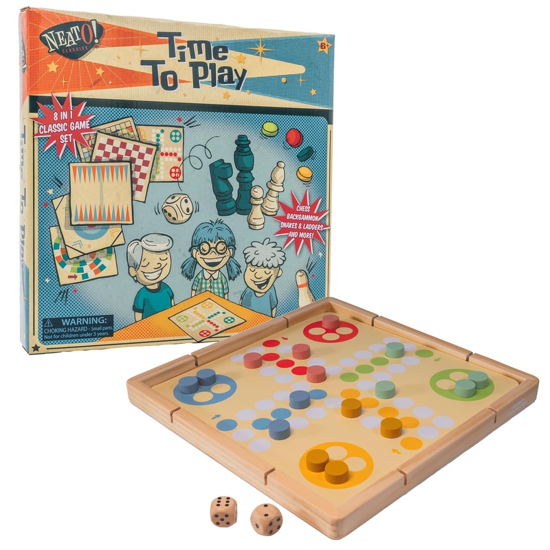 Neato Time To Play 8-In-1 Wooden Board Game Set – Chess, Checkers, Backgammon, Bowling, Sling Puck, Snakes And Ladders, Racing –