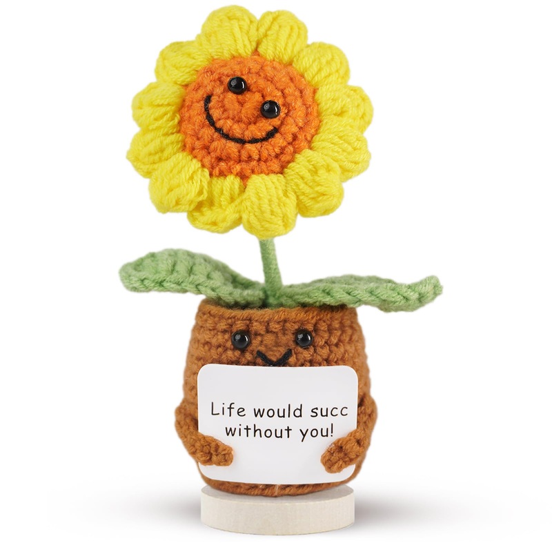 Penzoos Handmade Crochet Sunflower Plush With Positive Card Gift For Friend,Kid,Coworker,Teacher – Emotional Support Doll Desk D