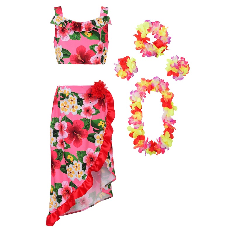 Relibeauty Hawaiian Skirt Costume For Girls Red Flowers 6 Piece Kit, 150