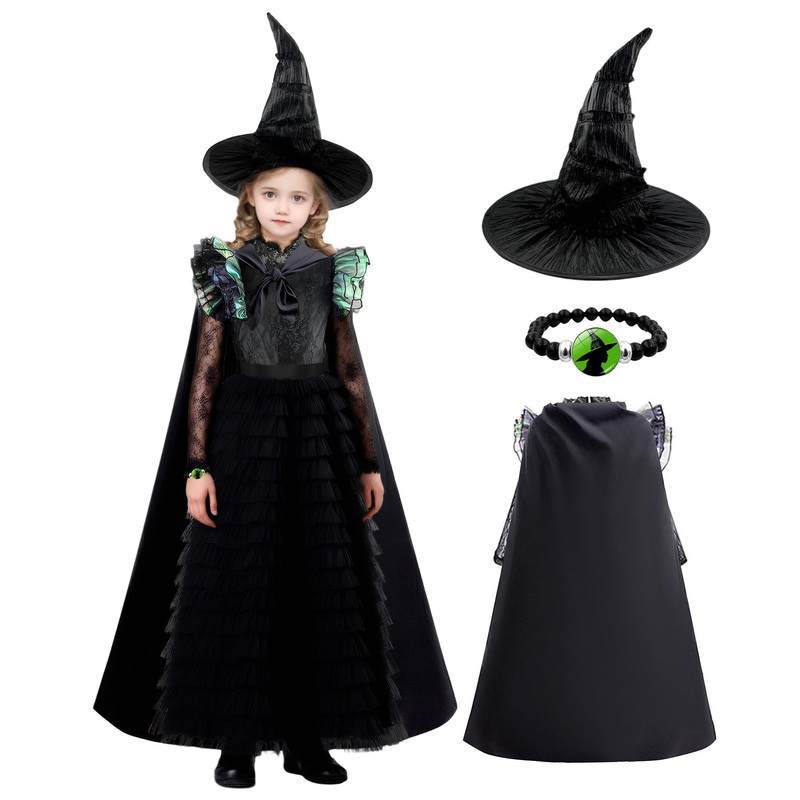 Rynotrix Witch Dress For Girls Black Ruffled Tiered Prom Dresses With Cape Hat Bracelet 110