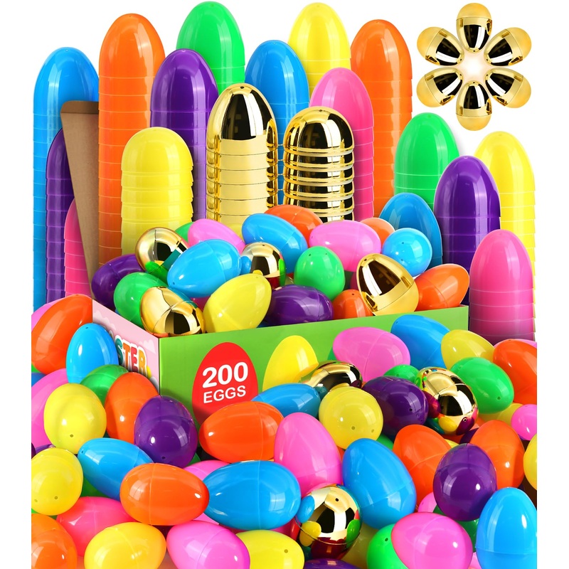 Surcvio [6 Surprise Golden Eggs] 200 Pack 2.3 Inch Plastic Easter Eggs, Empty Easter Eggs Fillable, Bright Colors Plastic Eggs B
