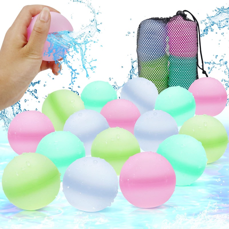 16Pcs Water Balloons, Silicone Refillable Water Balls Beach Pool Toys For Kids Adults, Colorful Summer Toys With Mesh Bag, Outdo