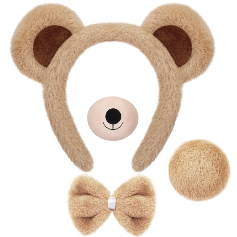 4 Pcs Bear Costume Accessories Set Bear Ears Headband And Tail Bear Nose Bowtie Boys Girls Hairband Hair Accessories For 101 Day