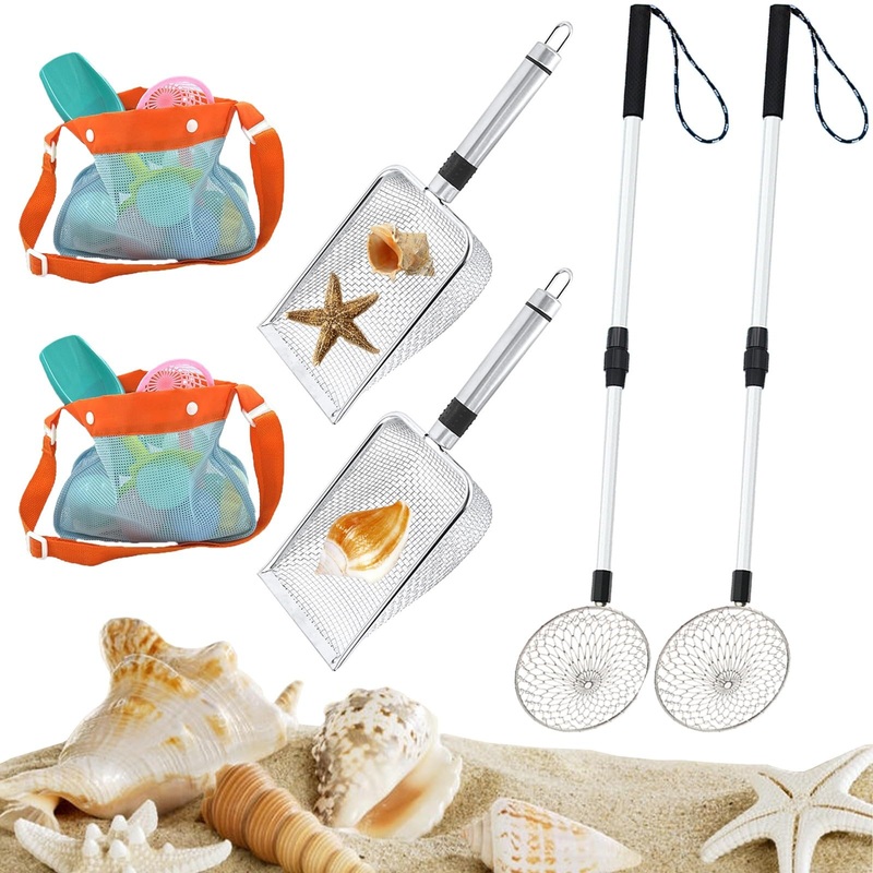 6Pcs Shelling Tools For Beach Include Beach Mesh Shovel, Sand Sifter With Extra Long Adjustable Handle And Mesh Beach Bag, Colle