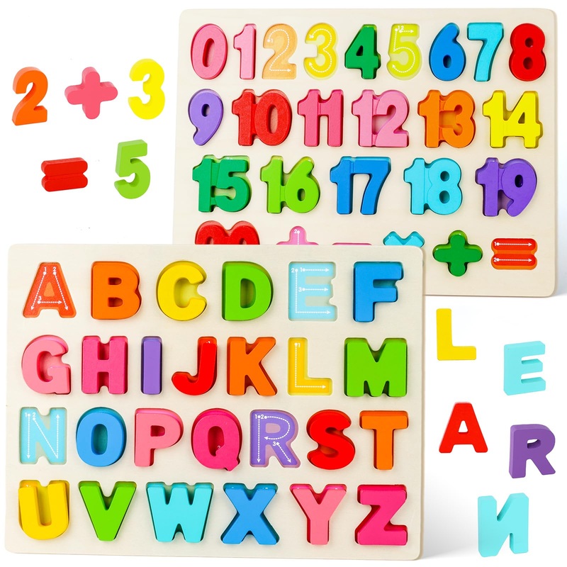 Amor Present Wooden Puzzles For Toddlers, Alphabet And Number Shape Puzzle Board, Preschool Learning Educational Toys For Kids