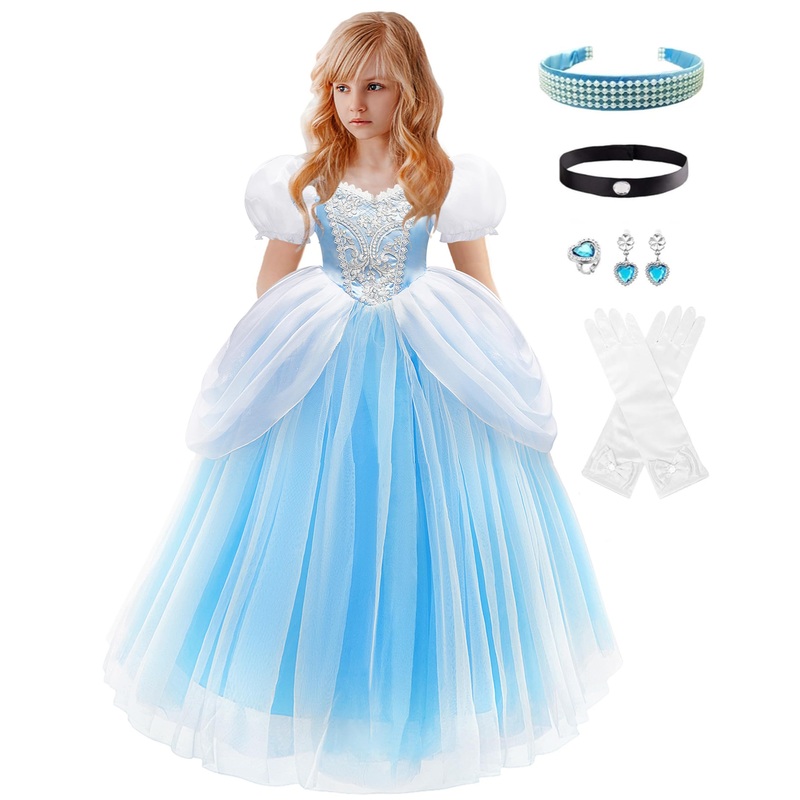 Axaxa Cinderella Costume For Girls Blue Princess Dress Halloween Birthday Party Outfits With Accessories For 7 Years