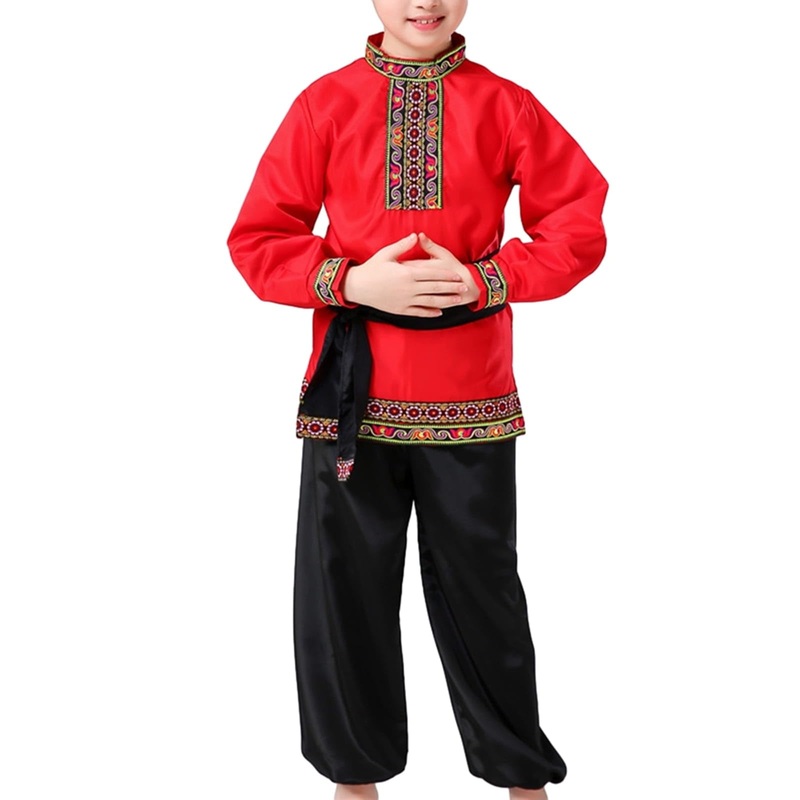 Boys 2 Piece Russian Dance Outfits Performance Costume Traditional Dancewear With Belt, Red, 150Cm