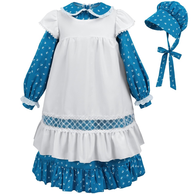 Cr Rolecos Colonial Costume Girls Prairie Pioneer Dress For Girls With Lace Pilgrim Costume Blue Xl Age Over 4 Years Old