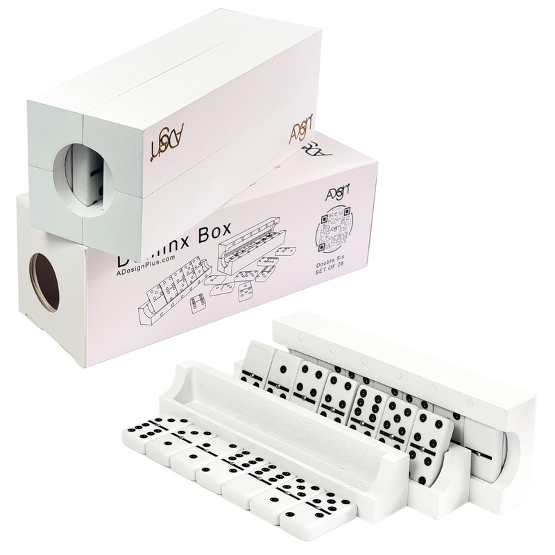 Domino Game Set Of 28 | Professional Double 6S | Multi-Use Box | Trays To Stand Tiles | By Adesign+ (Solid Wood White)
