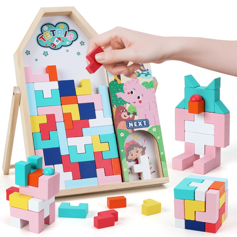 Gemem Wooden Blocks Puzzles For Kids Ages 4-8, Thick 3D Russian Blocks Brain Teasers Tangram Jigsaw, Stem Intelligence Toys,Mont