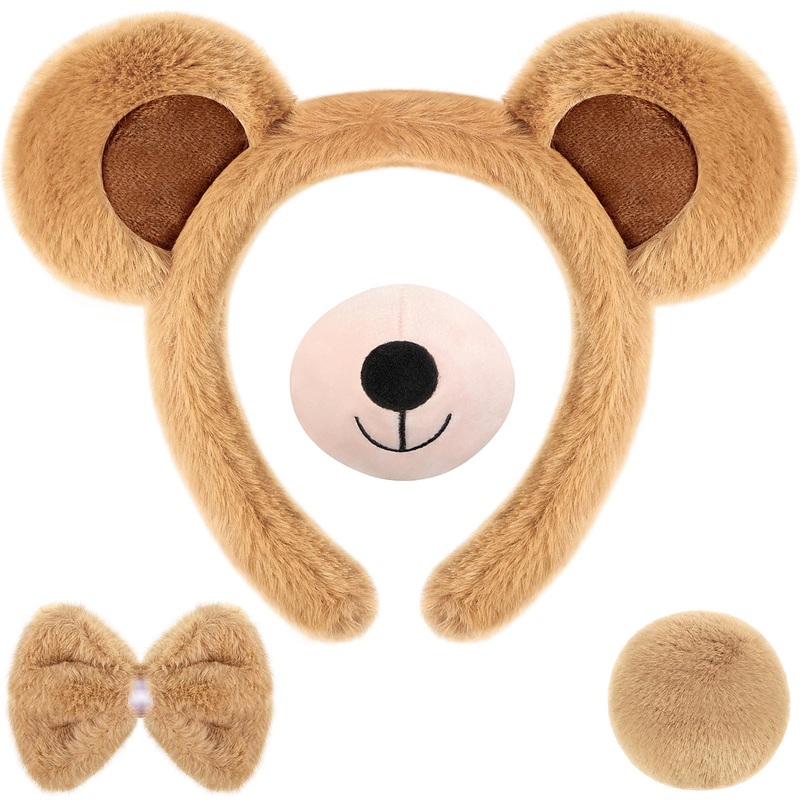 Harrycle Bear Cosplay Set Bear Headband Bowtie Nose Tail Animal Accessories For Halloween Carnival Costume Supplies(Light Brown)