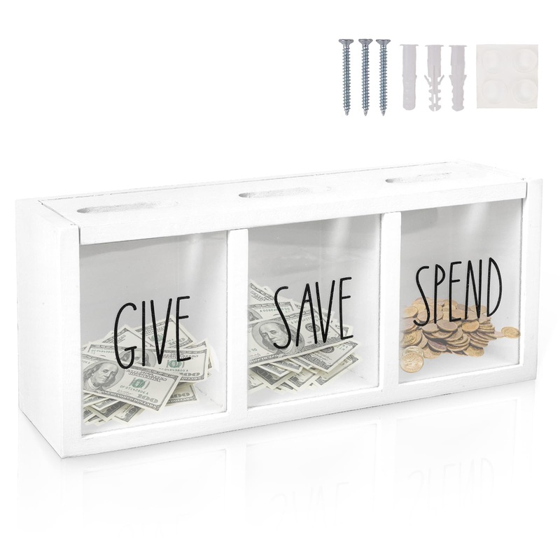 Himitimi Wooden Piggy Bank For Kids, Spend Save Give Money Saving Box Visualized Coin And Cash Savings Box For Childrens Boys Gi