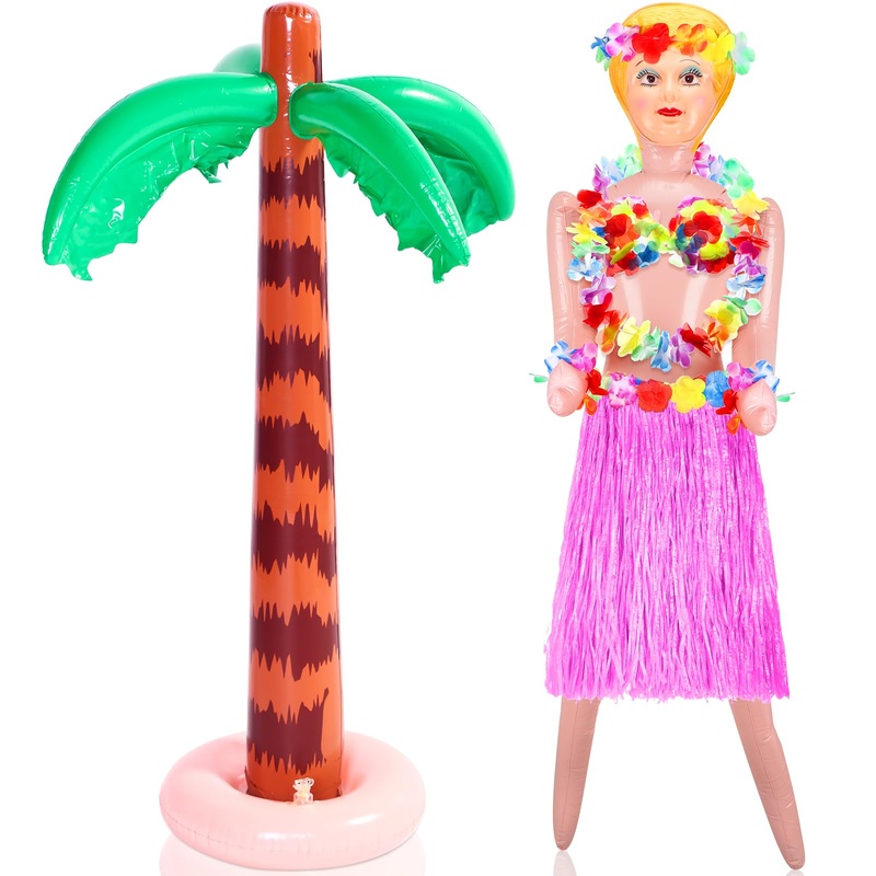 Liliful 8 Pcs Hawaiian Inflatable Blow Up Doll Set Includes 59 Inch No Moving Part Judy Doll Summer Inflatable Palm Tree Pool Ra