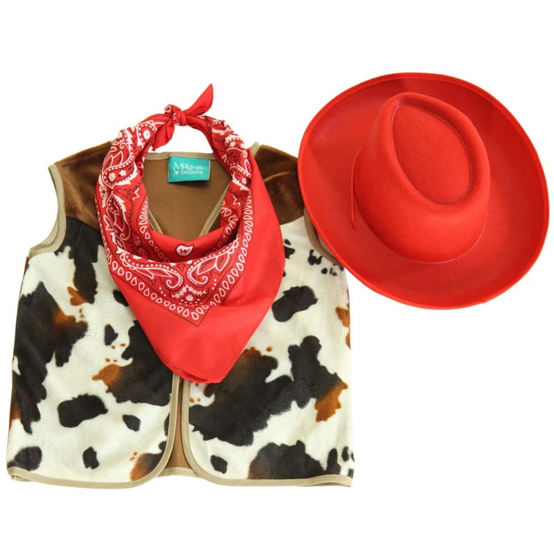Making Believe Kids Western Rodeo Cowboy Or Cowgirl Classic Costume Set – Vest, Red Hat, Bandanna – Size 6-8