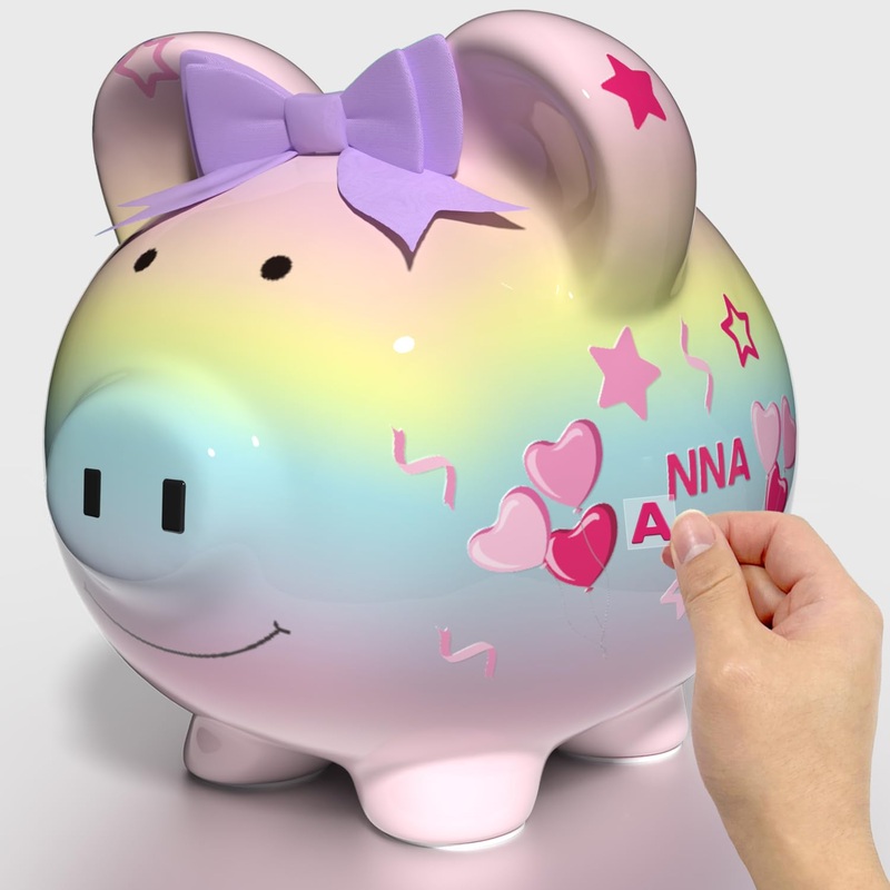 Personalized Birthday Gift For Women Girls With Diy Name Stickers, 8” Large Ceramic Piggy Bank For Kids Girls Boys,Cute Toddle