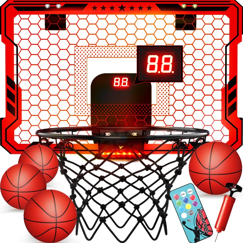Ropoda Indoor Basketball Hoop, Mini Hoop With 7 Led Lights, 3 Modes Scoreboard, Mini Hoop With 4 Balls Over The Door, Basketball