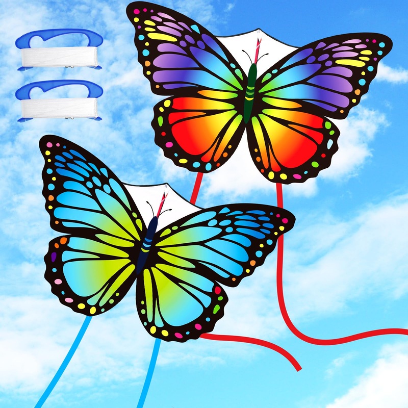 Silipull 2 Pcs Kites Butterfly Kite 55” X 28” Large Kites With 328Ft String Colorful Beach Kite For Adults Beginner Outdoor Su