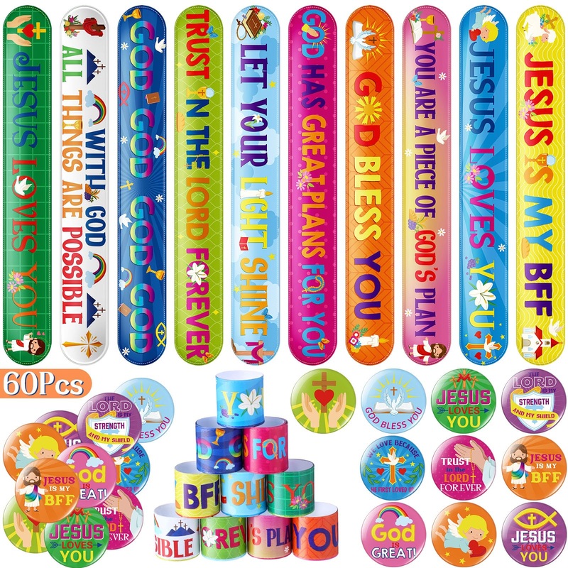 Silipull 60 Pcs Easter Religious Gifts Bible Verse Slap Bracelets Bulk Jesus Badge Pins Colorful Christian Snap Bracelets Jesus