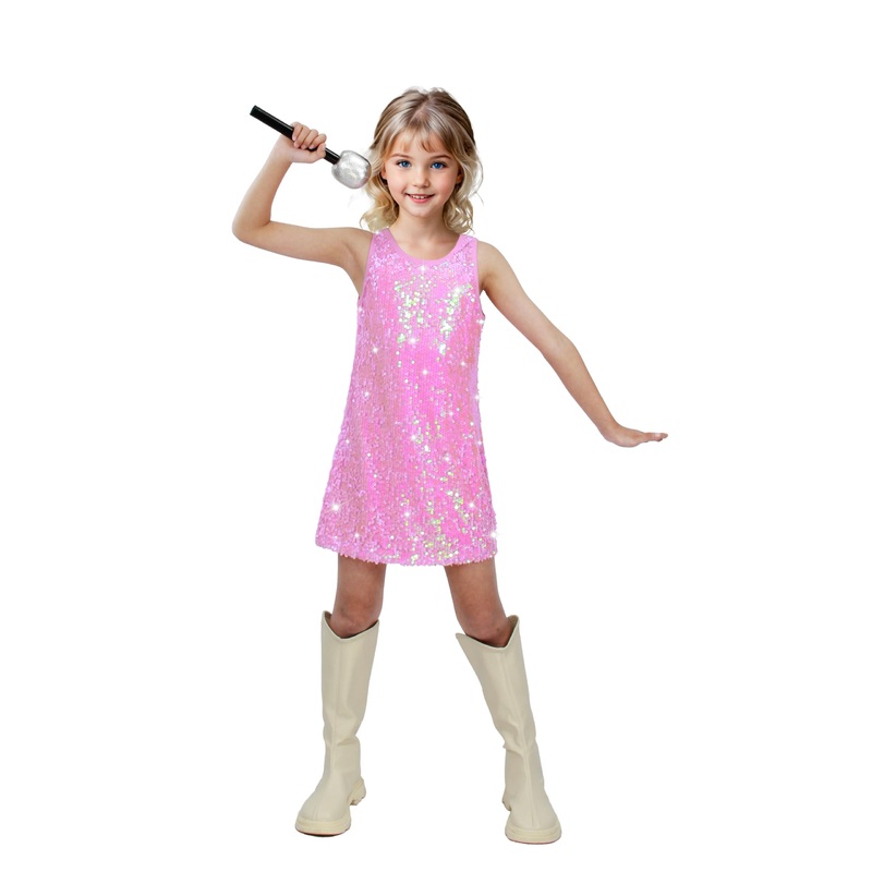 Sinkawa Jackets Girls Sequin Dress Sparkly Sleeveless Costume Prom Concert Party Outfit With Glitter Microphone Prop-Large Light