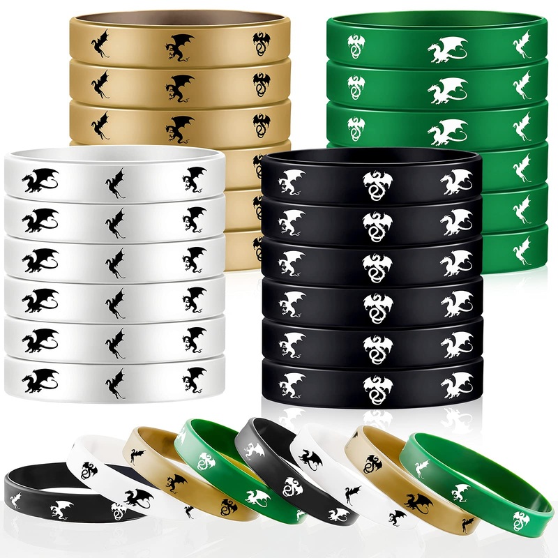Skylety 24 Pieces Dragon Party Favors Dragon Themed Rubber Bracelets Silicone Wristbands Prints Rubber Bracelets Colored Stretch
