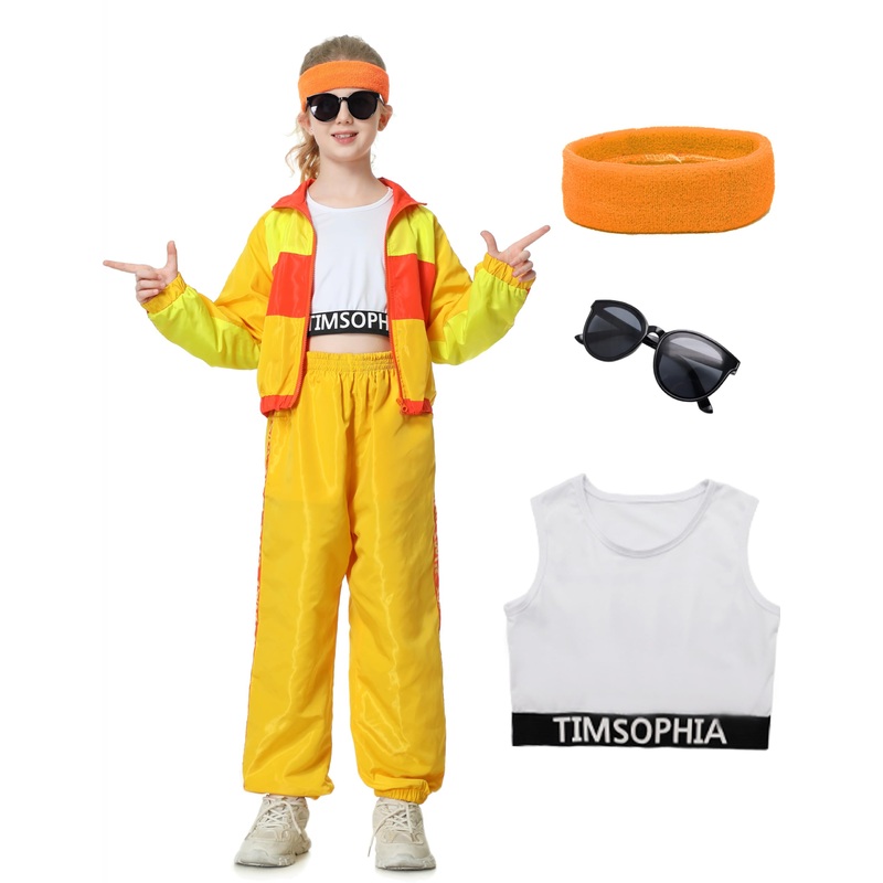 Timsophia Hip Hop Dance Costume For Girls, 5 Pcs 80S 90S Outfit For Kids, Modern Jazz Team Performance Tracksuit, 9-10 Years, Ye
