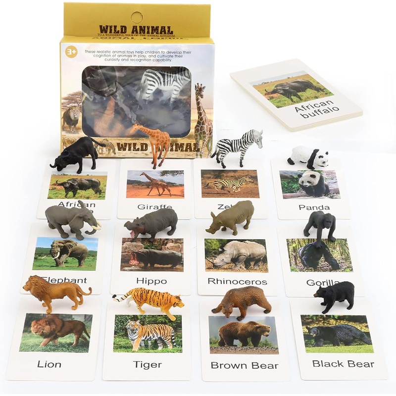 12 Preschool Science Toys – Educational Materials With Animal Matching Models Flash Cards, Animal Figurines For Kids (Zoo)