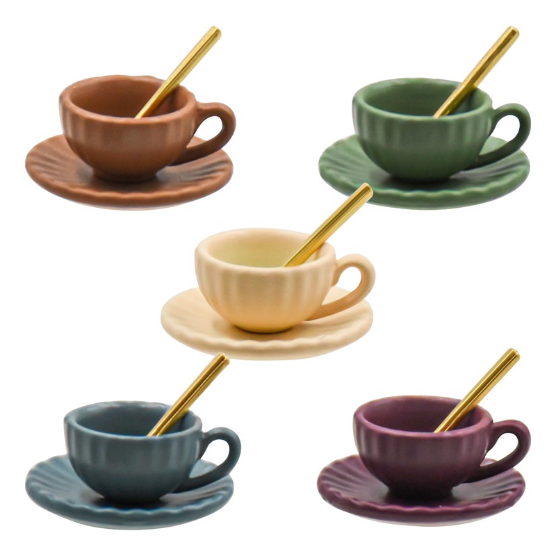 5 Set Dollhouse Miniature Coffee Cups Miniature Dollhouse Accessories 15 Pieces Mini Coffee Cup Plate Spoon For Mini Kitchen Acc