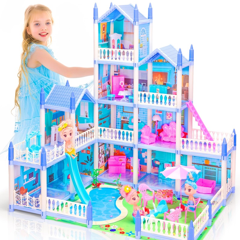 Amidear Dollhouse With 4-Story 11 Rooms, Dream Gift Princess Doll House Playset With Furniture, Blue Toddler House With Pool Sli