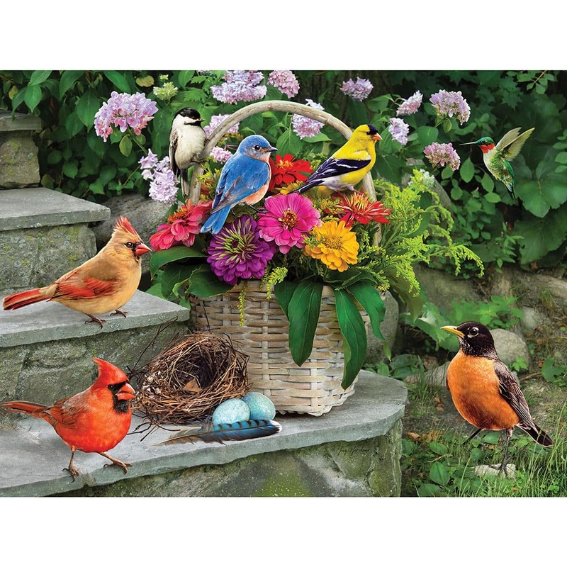 Bits And Pieces – 1000 Piece Jigsaw Puzzle For Adults – Birds On The Porch Steps – Flowers Jigsaw Puzzle By Greg Giordano, Compl