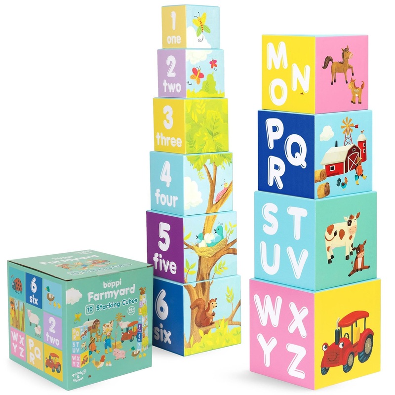 Boppi Baby Stacking Blocks Farmyard Animal Toys With Letters And Numbers, Montessori Cubes For Toddlers, Preschool Learning Toys