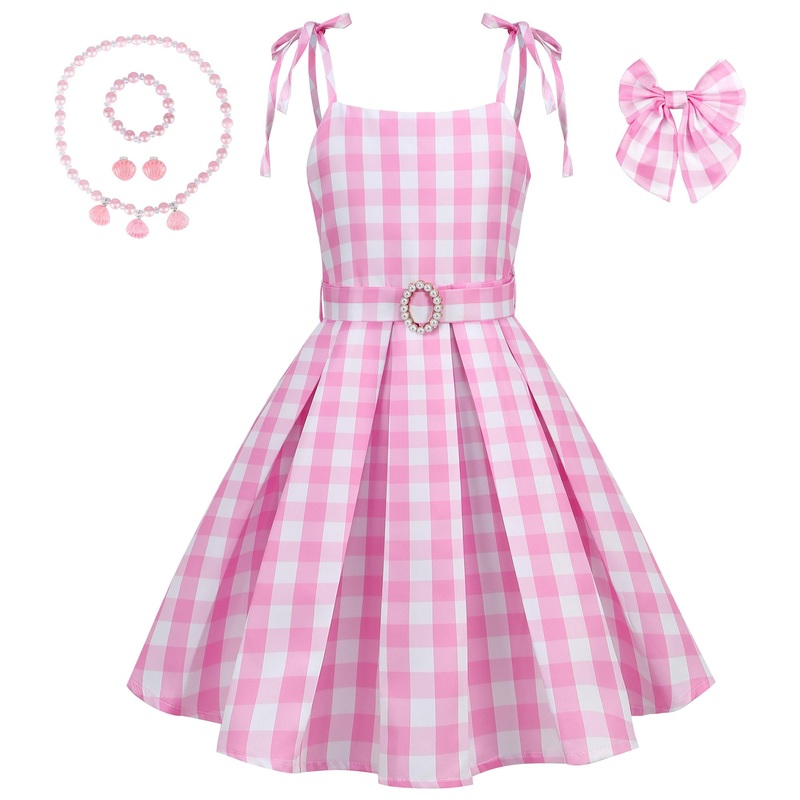 Chektin Girls Pink Plaid Costume Strap – Kid Dress Movie Cosplay Outfits Halloween Gingham Birthday Costumes