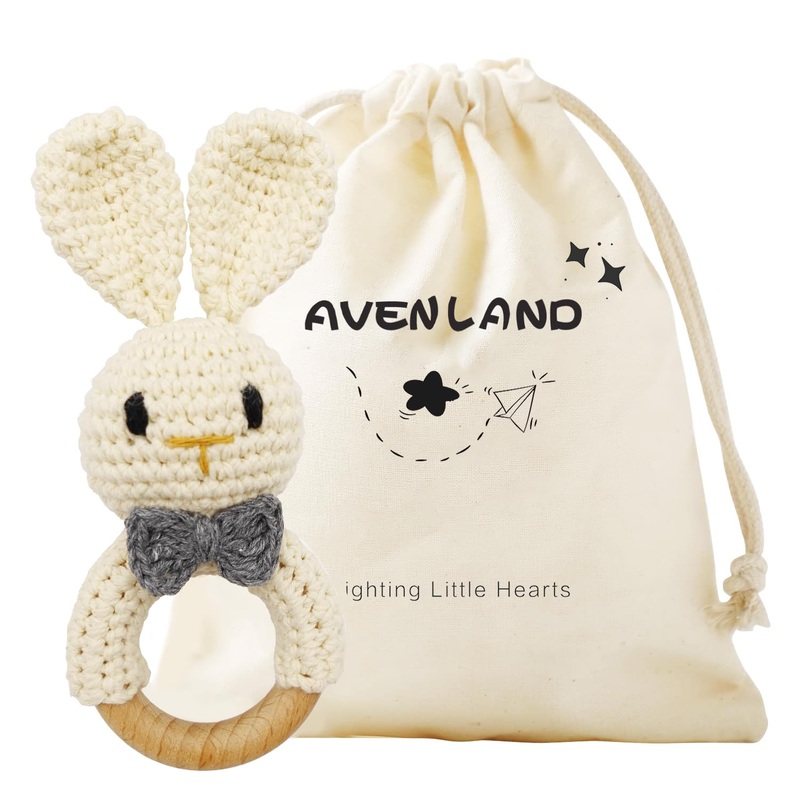 Crochet Bunny Rattle For Baby, Soft Rattle Toy With Wooden Ring – Toddler Gift, Perfect For Baby Showers