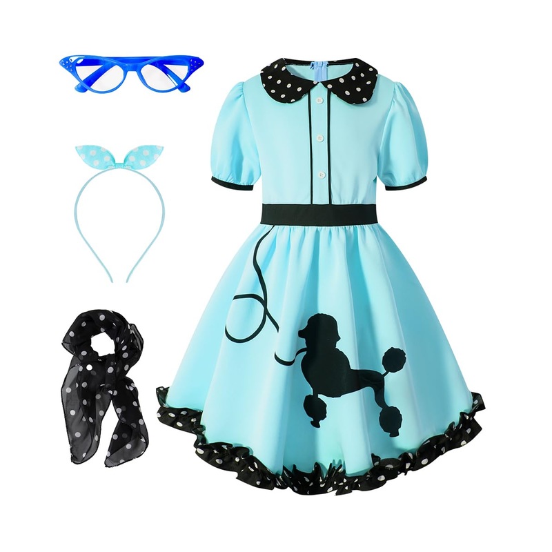 Iwalue Kids Girls 1950S Poodle Party Dresses Halloween Costume Skirt Set Dress Up(Blue,4-5 Years)