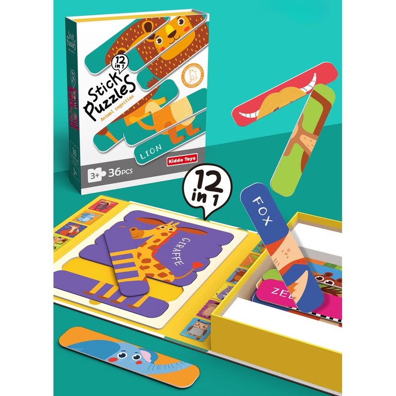 Kiddo Toys Zoo Friends 12-In-1 Stick Puzzles 36 Double-Sided Sticks Create 12 Different Puzzles – Ages 3-6 – Magnetic Puzzle Box