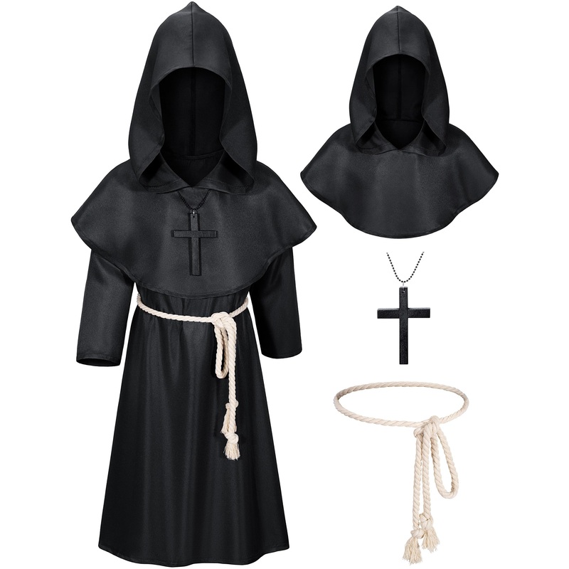 Kids Medieval Renaissance Monk Costume Priest Friar Wizard Cloak Hooded Robe Cosplay Costume Belt Necklace Set(Bk 110)