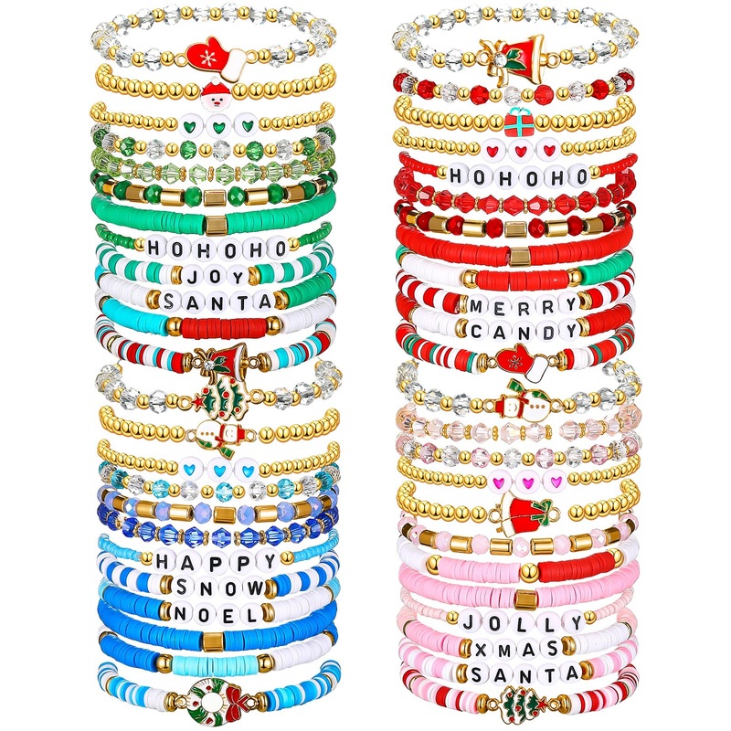 Landical 40 Pcs Christmas Bracelets Surfer Heishi Bracelets Set Colourful Stretch Bracelets Christmas Bracelets Christmas Party