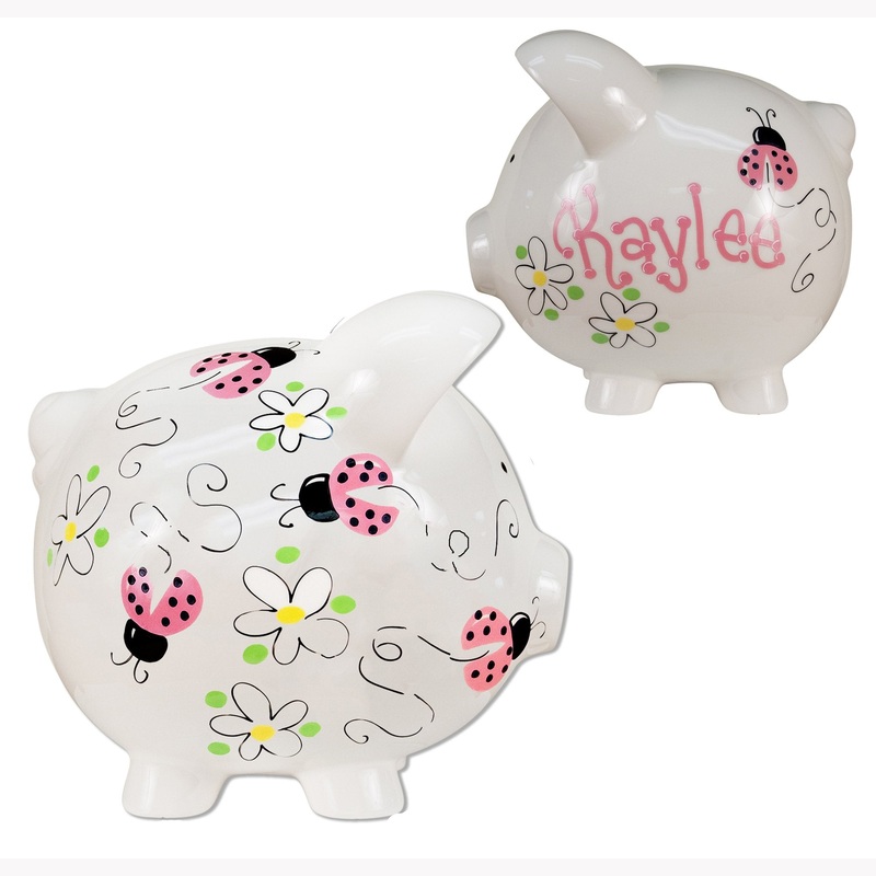 My Bambino Girl’S Hand Painted Personalized Pink Ladybug Piggy Bank Large White Ceramic Piggybank Baby Gift (Pink Ladybug)